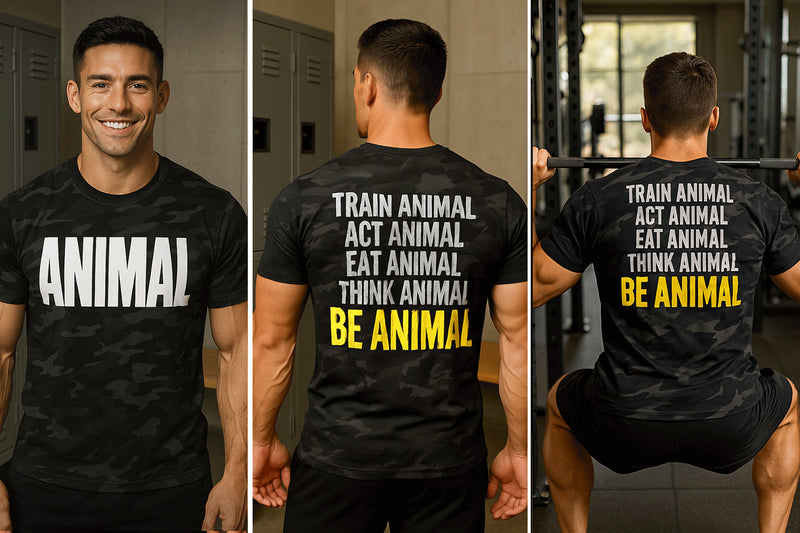 Animal camo t-shirt met de slogan Train Act Eat Think Be Animal